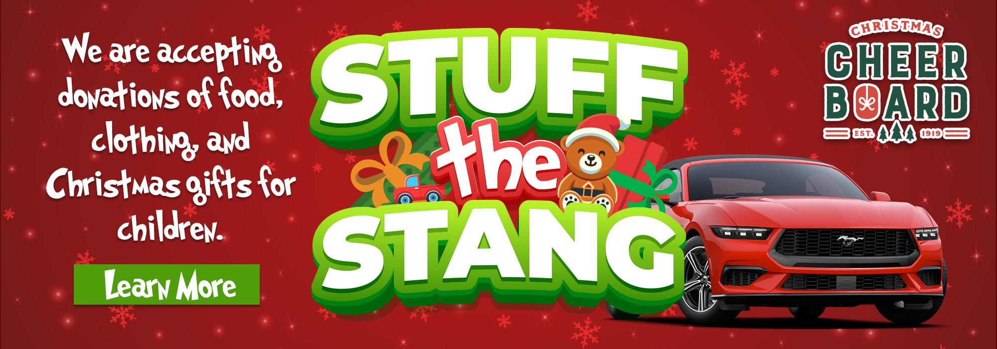 "Stuff the Stang" holiday donation drive banner for food, clothing, and gifts.