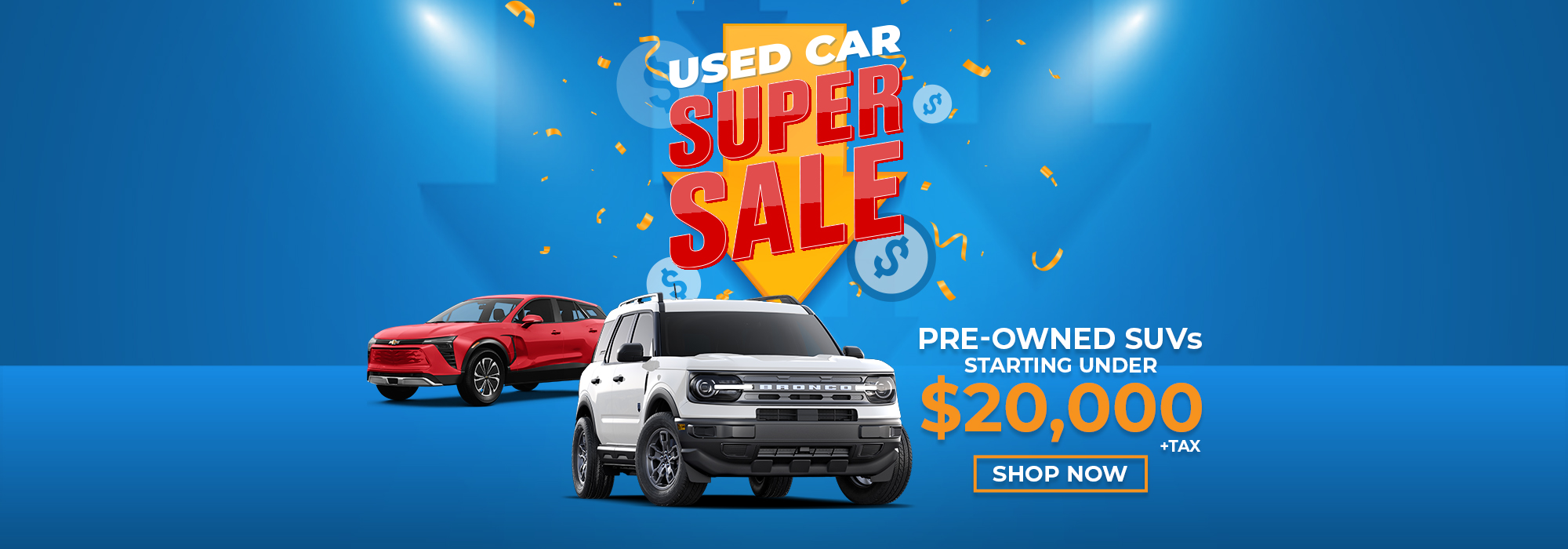 Used car super sale banner with SUVs, prices starting under $20,000, and a shop now button.