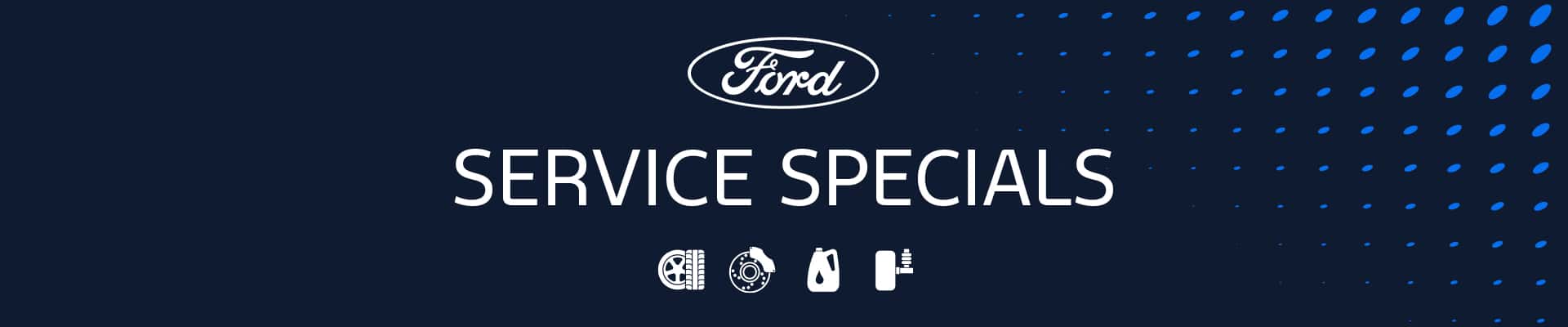 Ford service specials banner with icons for tire, filter, oil, and battery on a blue background.