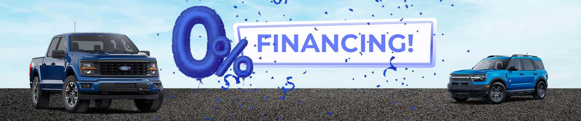 Blue truck and SUV with "0% Financing!" text, blue confetti on a gravel background.