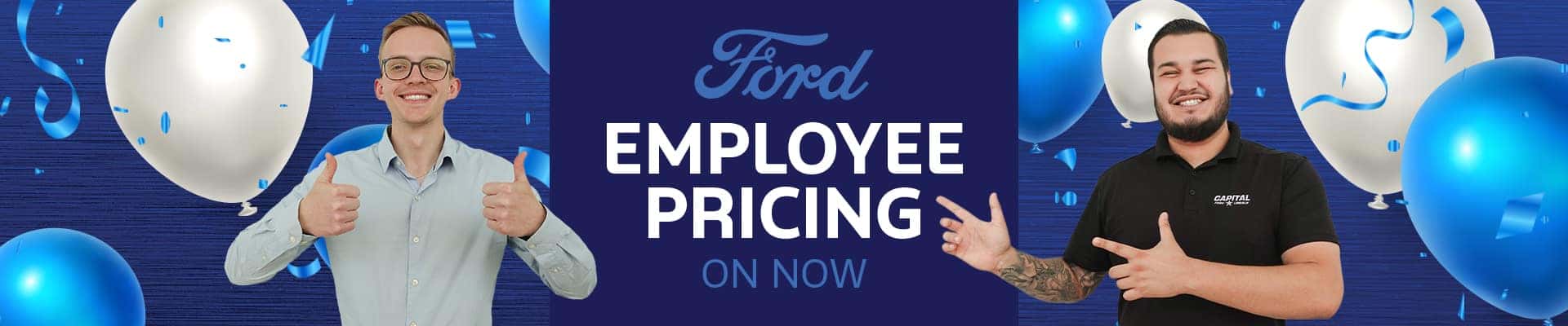 Ford employee pricing event with two happy men giving thumbs up, balloons, and confetti.