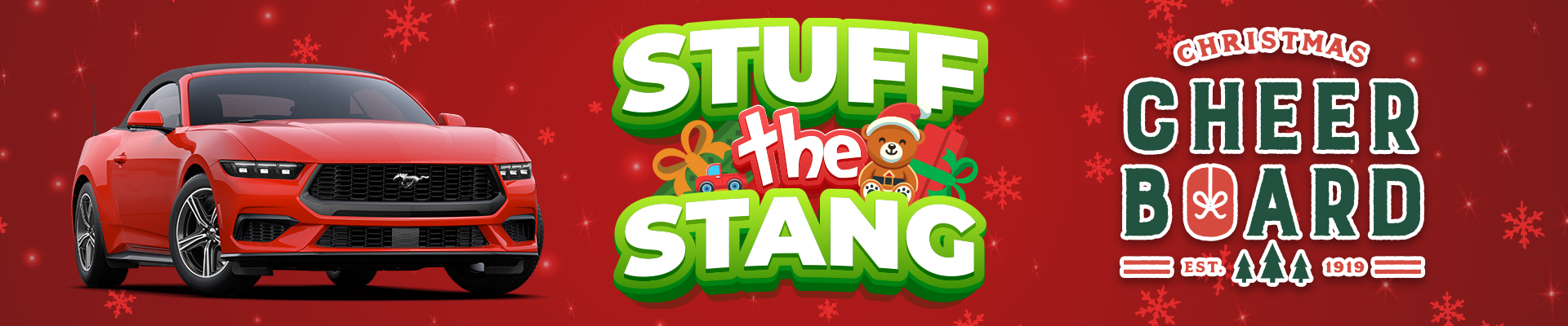 Red Mustang on a festive red background with "Stuff the Stang" and "Christmas Cheer Board" text.