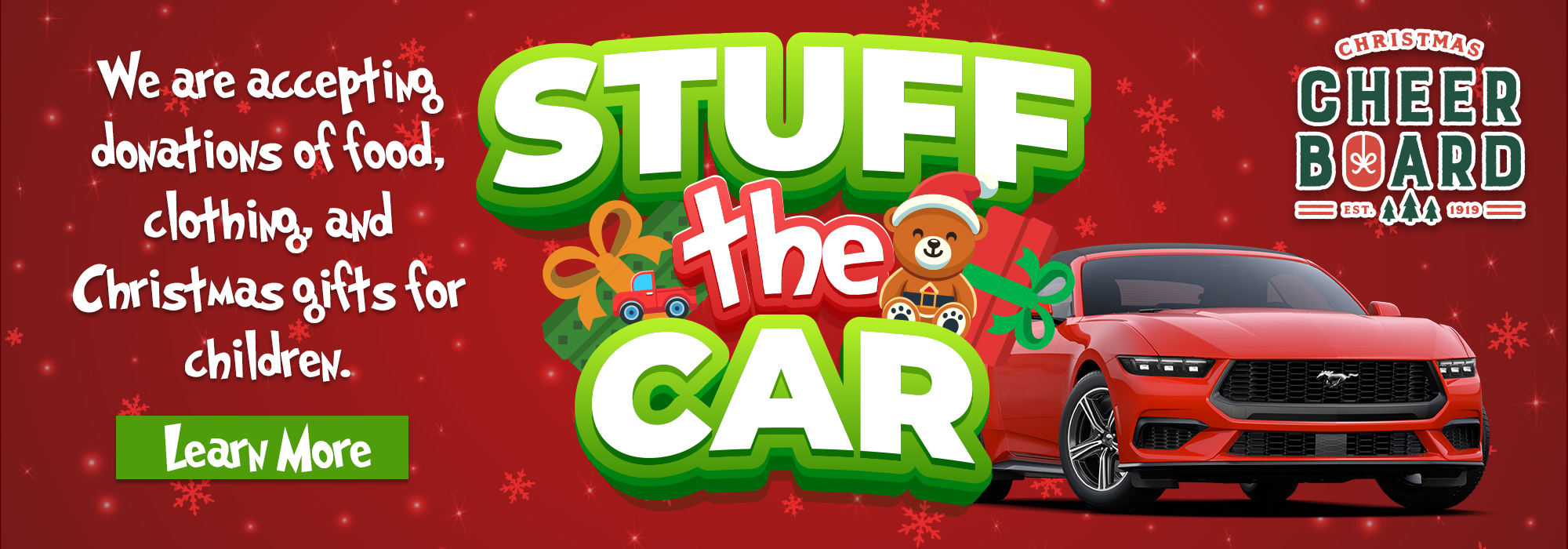 "Stuff the Car" donation drive banner, urging contributions of food, clothing, and gifts for children.