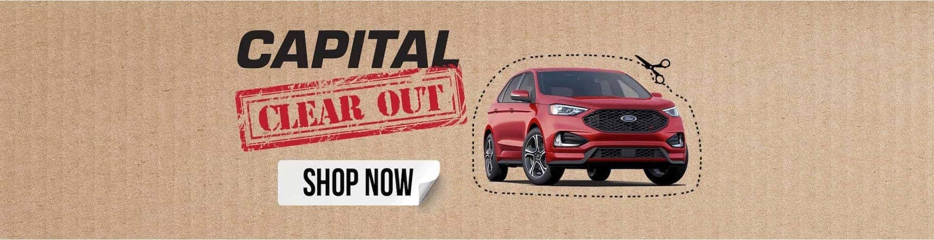 Red SUV featured in a "Capital Clear Out" sale advertisement with a "Shop Now" button.