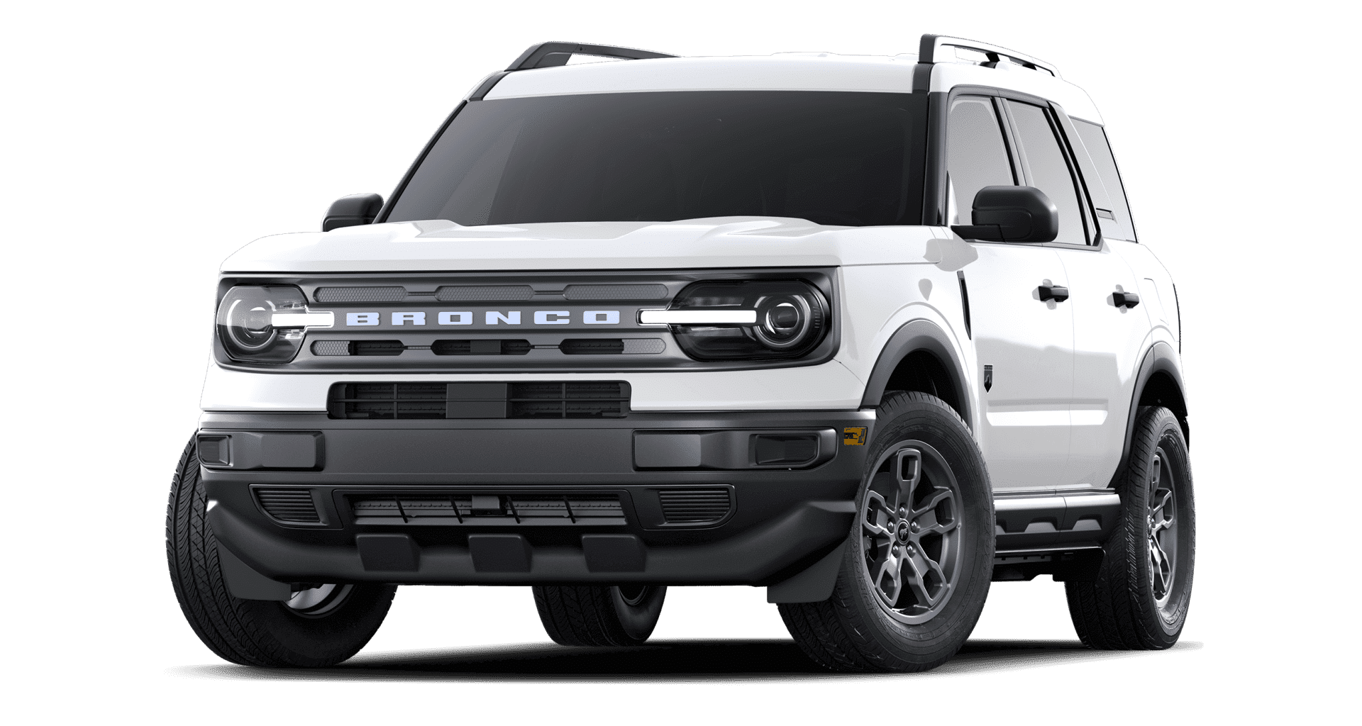 White Ford Bronco SUV with modern design, front view, displaying rugged features.