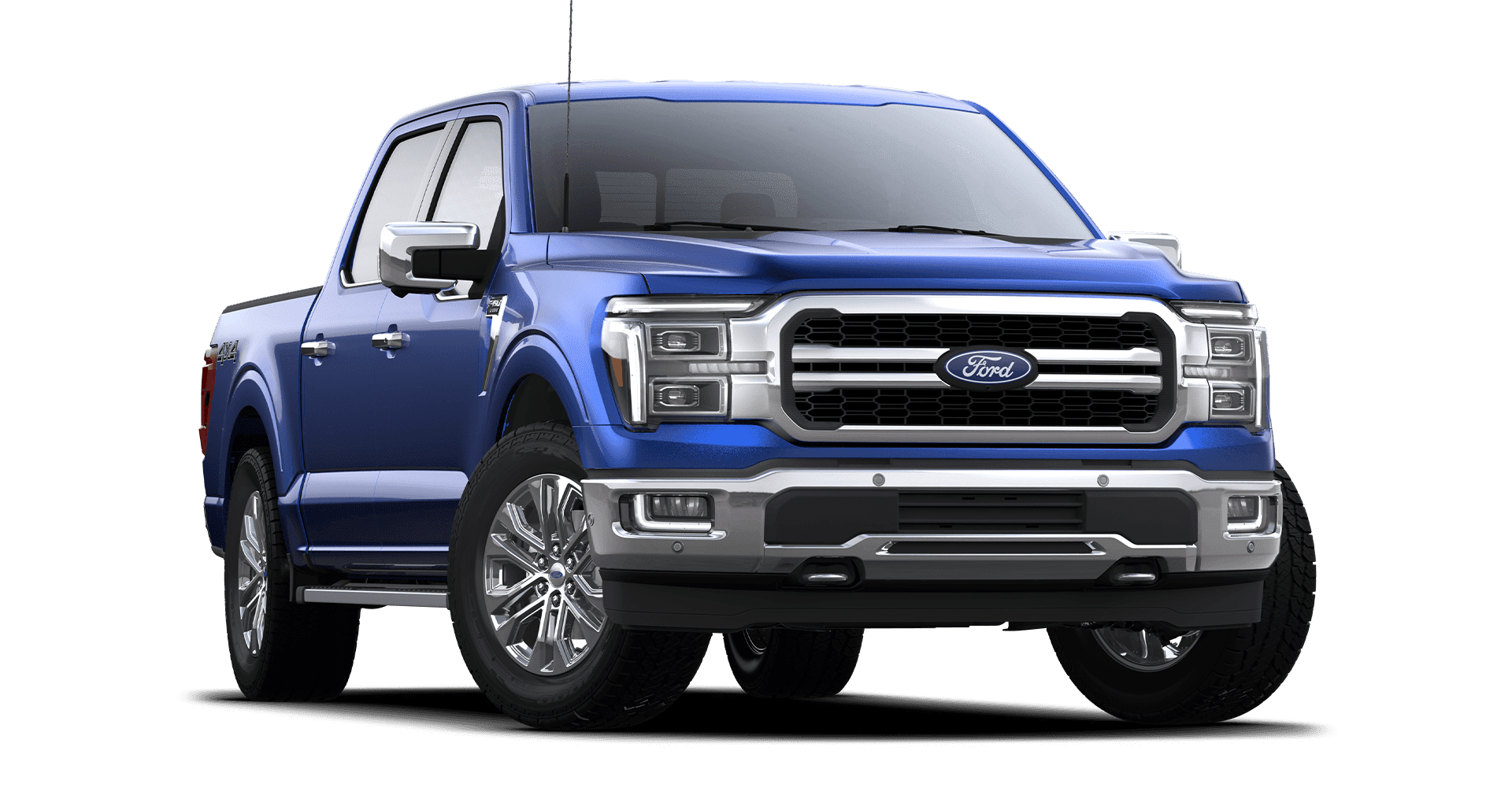 Blue Ford pickup truck showcasing front and side profiles, featuring chrome accents.