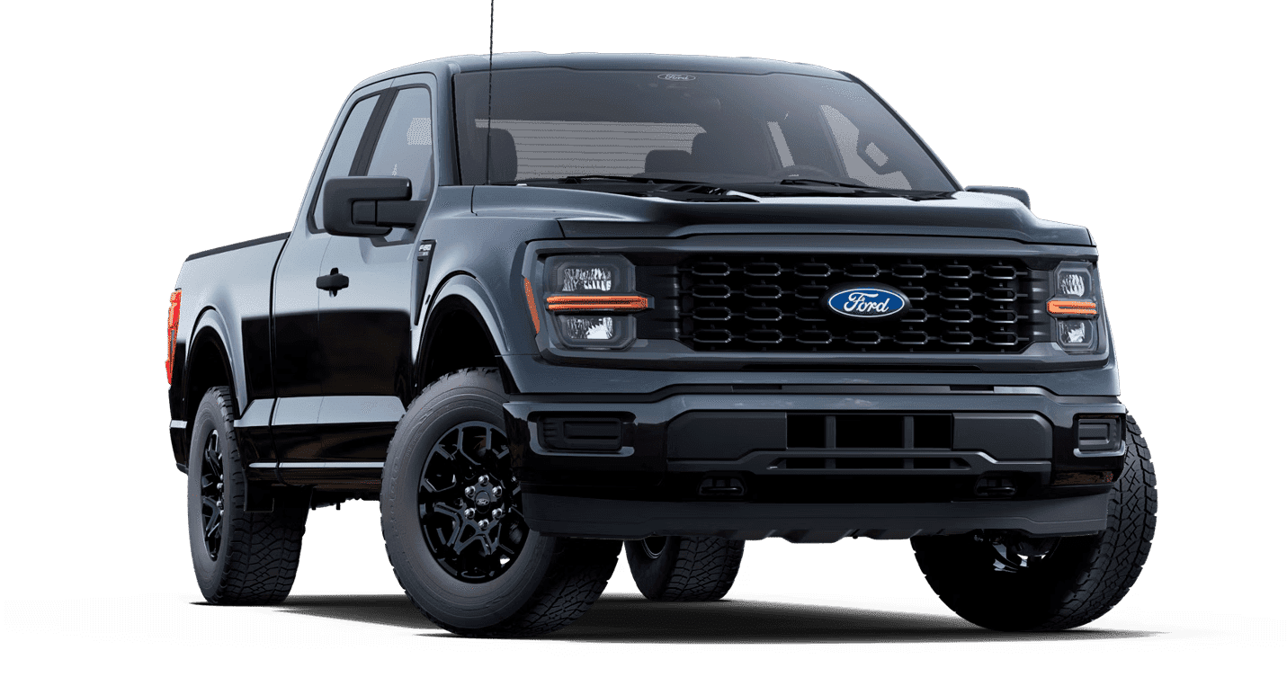 Black Ford pickup truck with a modern grille design, angled front view.