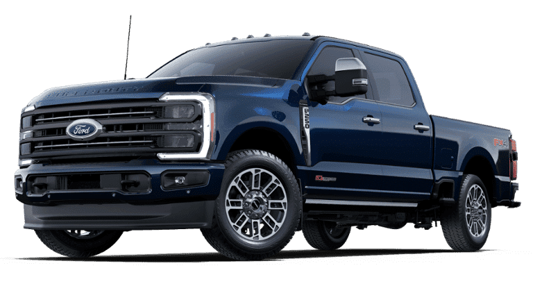 Blue Ford pickup truck with chrome accents and large wheels, angled view showcasing the front and side.