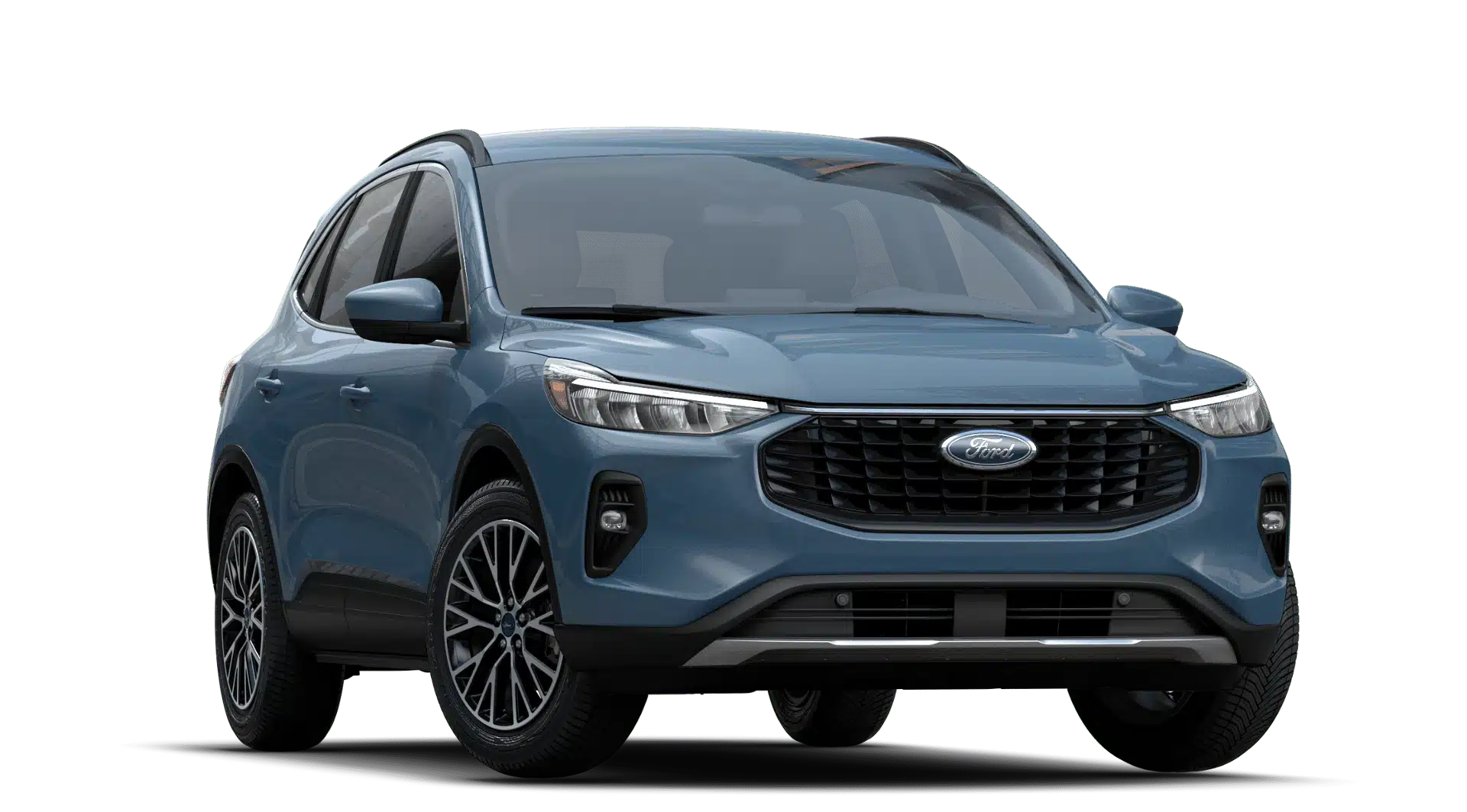 Blue Ford SUV viewed from the front, showcasing sleek headlights and a modern grille design.