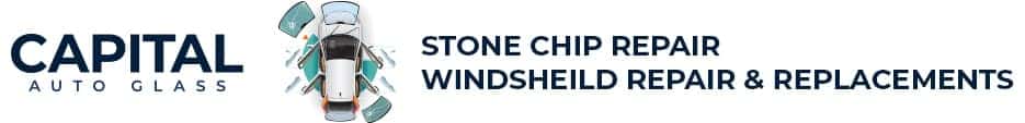 Capital Auto Glass logo with car illustration, offering stone chip and windshield repair services.