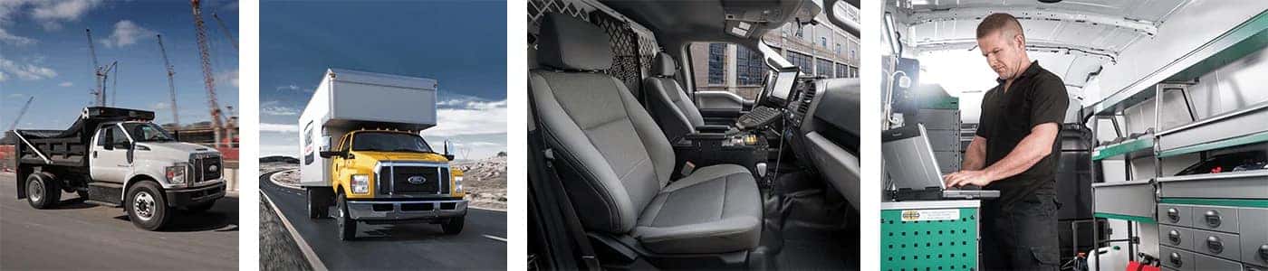 Construction trucks and equipment on-site, truck cabin interior, and a worker using a laptop inside a vehicle.