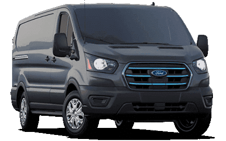 Dark gray Ford Transit van with blue accents, front view, highlighting headlights and grille design.