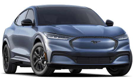 Blue electric SUV with sleek design, black wheels, and prominent front grille, viewed from the front.