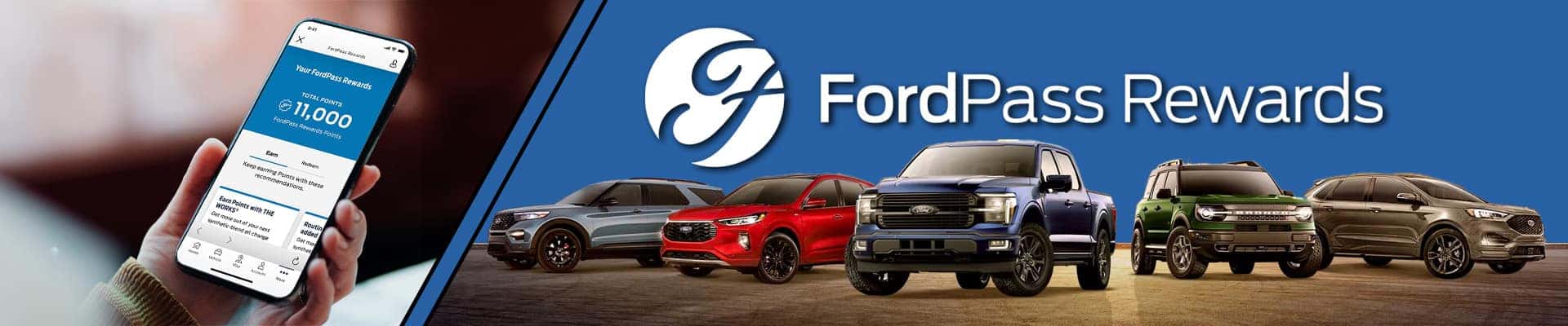 Person holding phone with FordPass Rewards app next to lineup of Ford vehicles and FordPass Rewards logo.