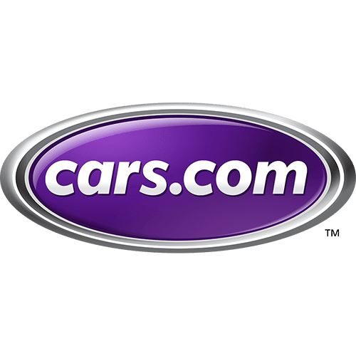 Cars.com logo with white text on a purple oval background, outlined in silver.