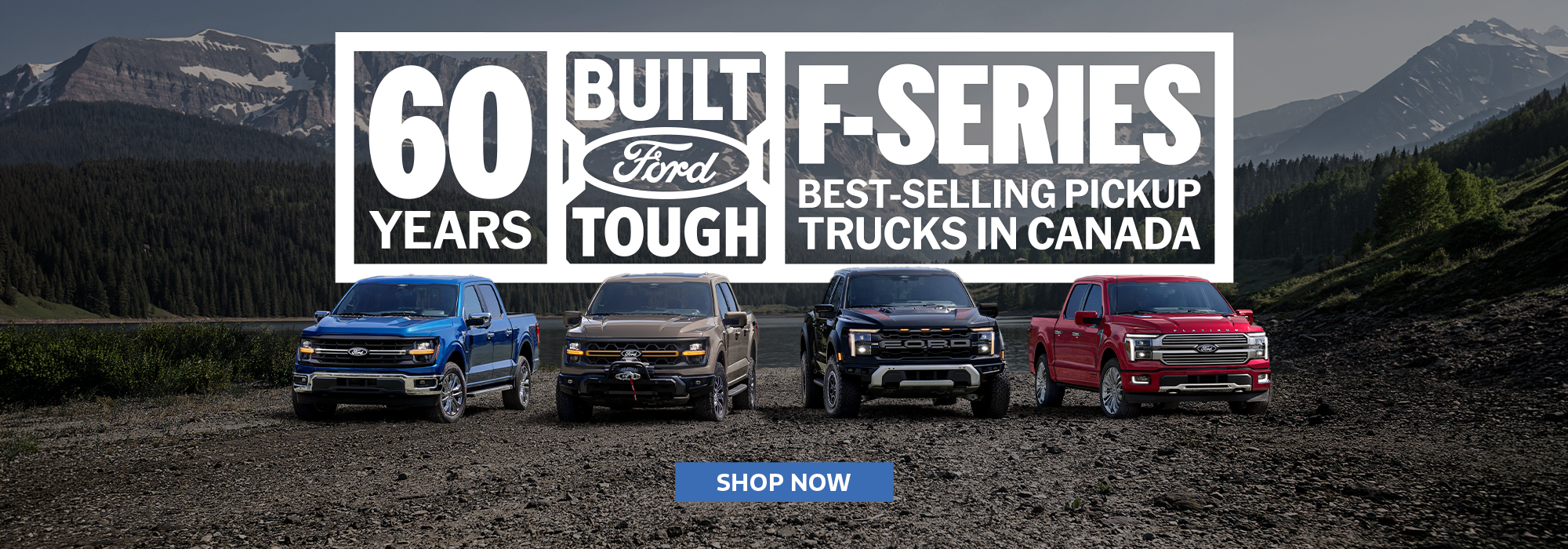 Ford F-Series pickup trucks displayed against a mountainous backdrop. Text: "60 Years Built Ford Tough."