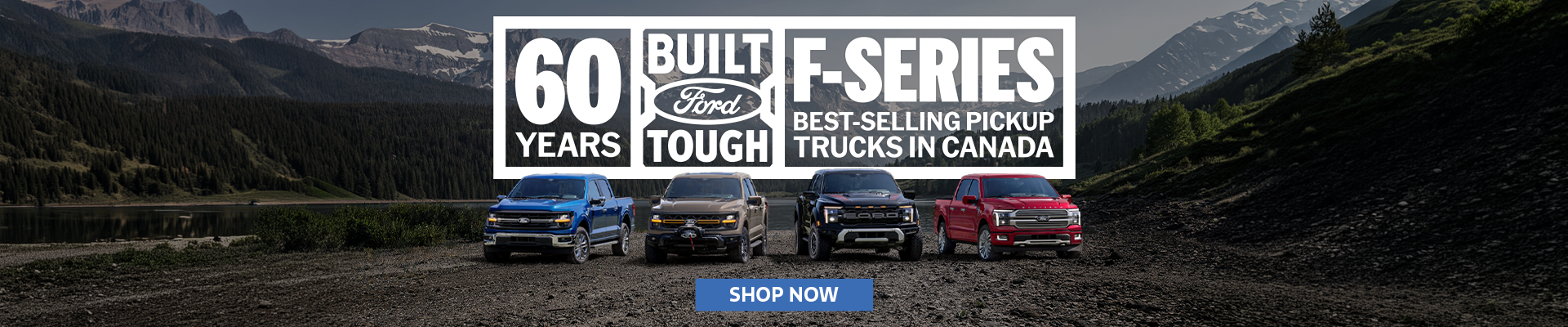 Ford F-Series trucks lineup, celebrating 60 years as Canada's best-selling pickups, set against a mountainous backdrop.