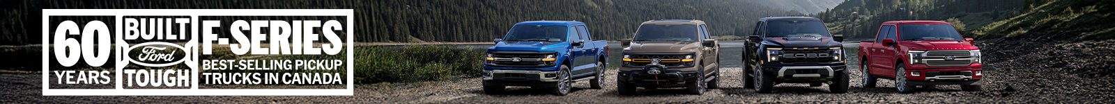 Four Ford F-Series pickup trucks parked with "60 Years Built Ford Tough" text highlighting best-selling status in Canada.
