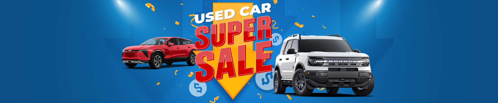 Red and white SUVs on blue background with "Used Car Super Sale" text and dollar signs.