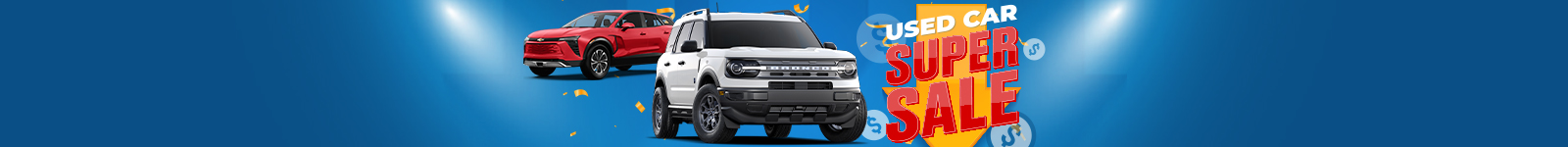 Red and white SUVs on blue background with "Used Car Super Sale" text and dollar symbols.