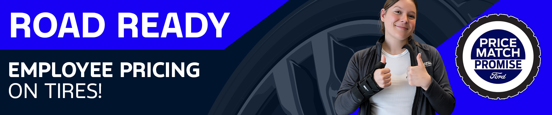 Ford service specials banner with icons for tire, filter, oil, and battery on a blue background.