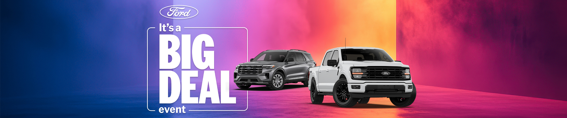 Ford event banner featuring a black SUV and white truck on a colorful background.