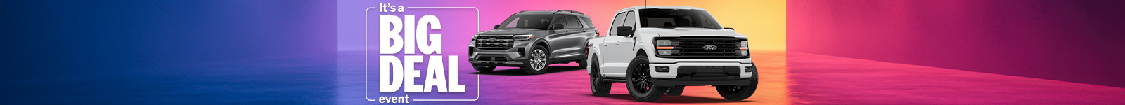 Two Ford trucks against a vibrant backdrop with "It's a Big Deal Event" text.
