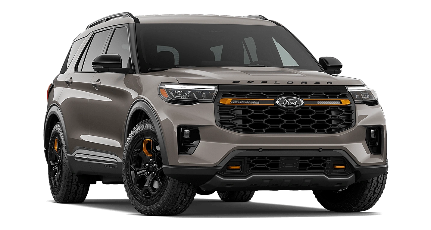 Black Ford pickup truck with a modern grille design, angled front view.