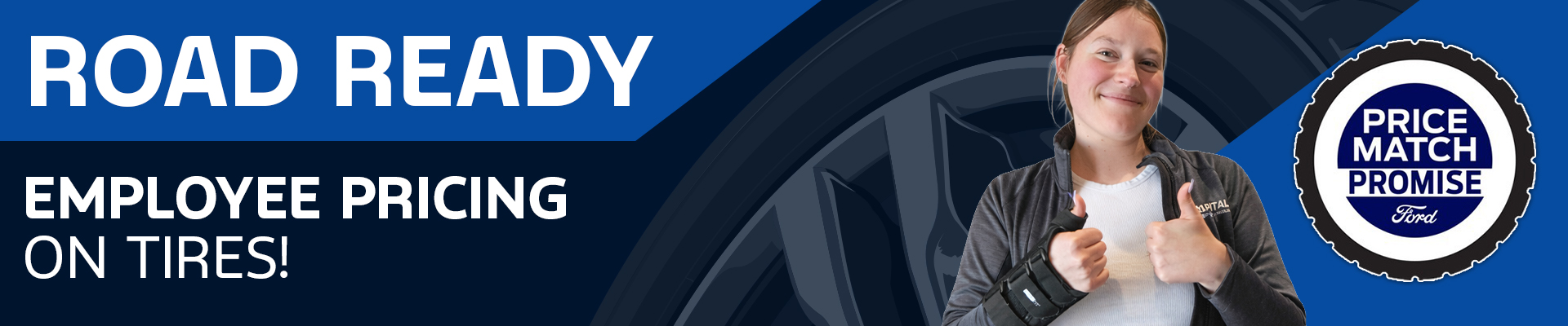 Ford service specials banner with icons for tire, filter, oil, and battery on a blue background.