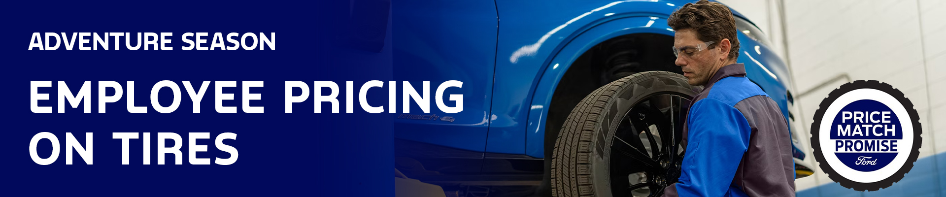 Ford service specials banner with icons for tire, filter, oil, and battery on a blue background.